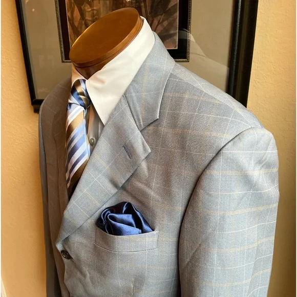Marzotto Sartoriale Fine Italian Wool Light Blue Windowpane Jacket Size 40R